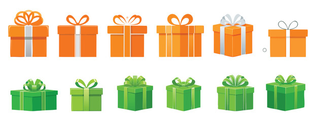 indian colour gift box: Set of 12 orange and green gift boxes with various ribbons and bows