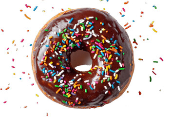 Top-down view of a single chocolate glazed donut with vibrant sprinkles on black