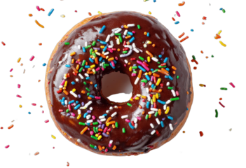 Top-down view of a single chocolate glazed donut with vibrant sprinkles on black