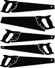Handsaw collection with black handles and sharp serrated blades isolated on white background
