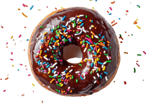 Top-down view of a single chocolate glazed donut with vibrant sprinkles on black