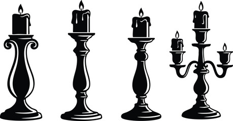 Black silhouette candles on ornate candlesticks with flames in vintage style illustration