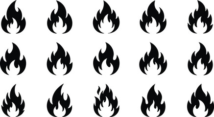 Black flame icons set in simple design style for digital and print projects