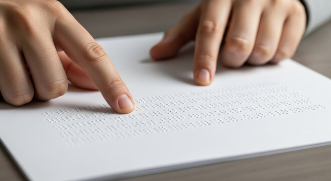 Focused close up of blind person reading braille document for business. This accessible financial information demonstrates strong esg principles for corporate inclusivity