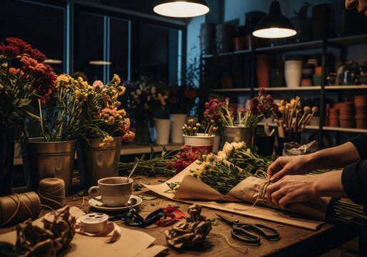Florist arranging a bouquet of flowers on a wooden table in a flower shop