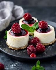 Mini cheesecakes topped with raspberry sauce and fresh berries on a dark plate