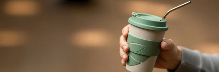 Conscious business professional holds reusable coffee cup. simple habit with significant financial and esg benefit reflecting modern corporate responsibility