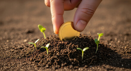 Hopeful business growth with esg investment and financial planning. person plants gold coin in soil with small green plant for sustainable saving and future success