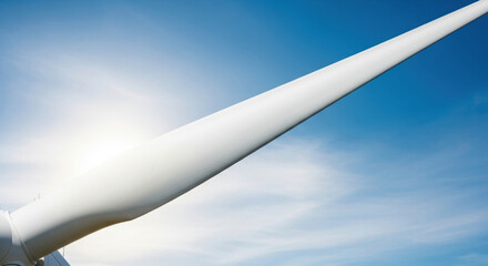 Optimistic view of wind turbine blade with bright sun. clean renewable energy source reflecting sustainable esg business model with positive financial future