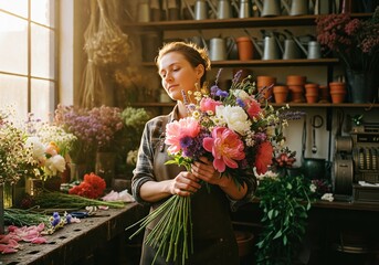 Florist holding a beautiful bouquet of fresh flowers in her shop