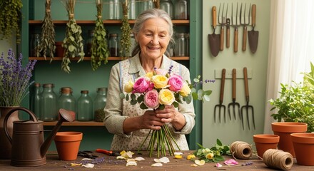 Smiling senior woman holding a beautiful bouquet of colorful roses