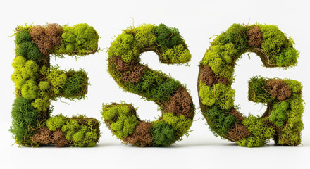 ESG letters of green moss on white background symbolize hopeful sustainable business. This financial strategy supports environmental social and corporate governance growth