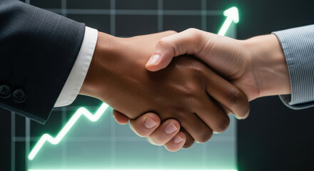 Diverse business handshake symbolizes successful esg agreement and partnership. This shows trust for future financial growth and positive investment with an upward trend