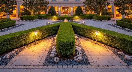 Obraz premium Elegant Illuminated Garden Pathway At A Hotel Entrance with Lush Greenery
