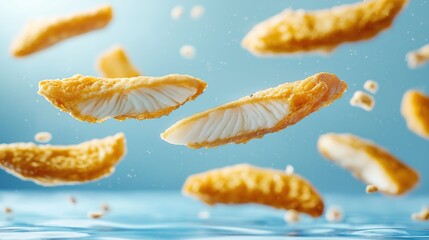  shot of a golden battered fish fillet broken into two pieces shpoing the beautiful white fish fillet inside shot on a blue background with sharp shadows