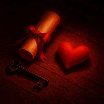 Love scroll, heart, and key on rustic wood symbolizing romance