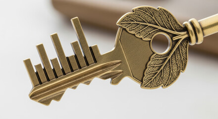 Golden key with growth graph represents key esg business and financial solution. An investment opportunity for success unlocking corporate potential and market access