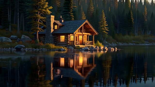 A rustic Canadian log cabin by a lake