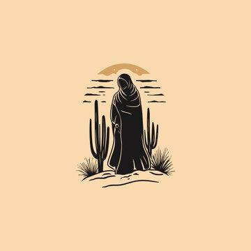 vector illustration featuring the silhouette of a mysterious figure such as a nomad completely shrouded in flowing cloth, standing alone in a barren desert landscape