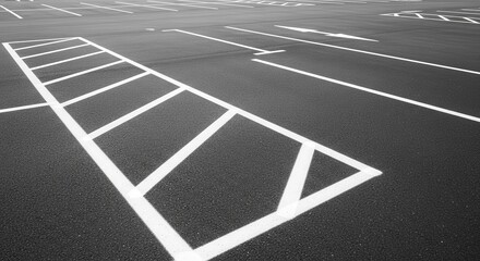 Empty Parking Lot with White Painted Lines and Asphalt Surface in Black and White