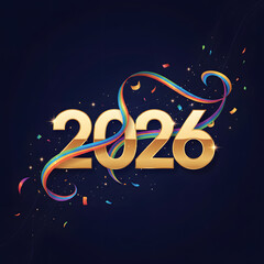 Naklejka premium Bright golden 2026 celebrating the upcoming New Year with colorful ribbons and confetti