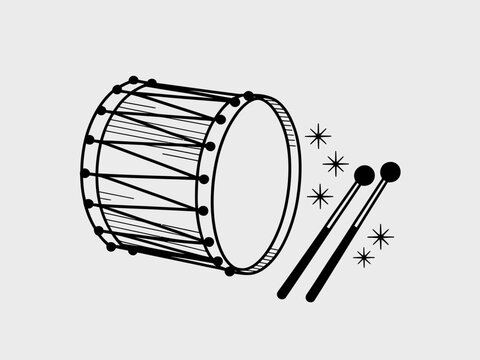 This image features a beautifully designed drum accompanied by two drumsticks and decorative sparkles, representing music and rhythm in a whimsical style.