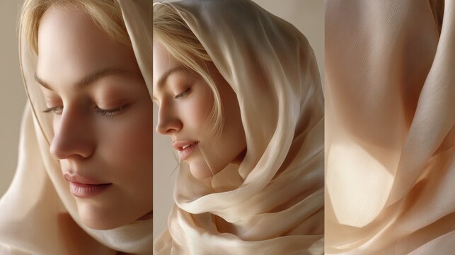 Soft light highlights a serene woman with a delicate scarf in an elegant setting