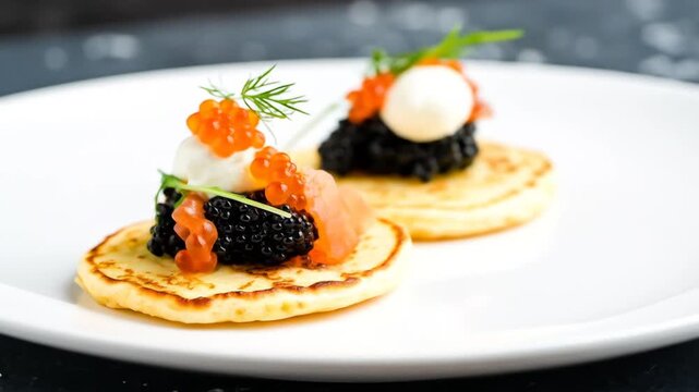 Close-up of blinis topped with caviar, cream, salmon, and garnish, on white plate
