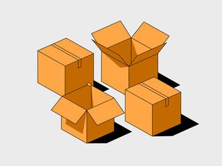 This illustration presents a collection of orange boxes, both open and closed, perfect for representing packaging, storage, or shipping concepts in a modern, minimalist design style.