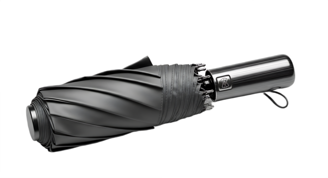 A closed black umbrella with a metallic handle resting on a black surface in a studio setting