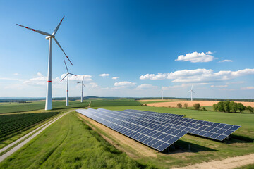 Wide renewable energy field with wind turbines and solar panel rows in a clear sunny rural environment. Clean power production, sustainability and future-focused eco technology.