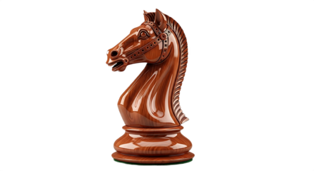 A detailed view of a brown wooden knight chess piece against a stark black background studio shot