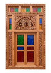 Detailed wooden mashrabiya window with colored glass. cutout on transparent background.