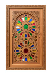 Intricate carved wooden Islamic window with colorful glass. cutout on transparent background