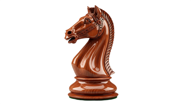 A detailed view of a brown wooden knight chess piece against a stark black background studio shot