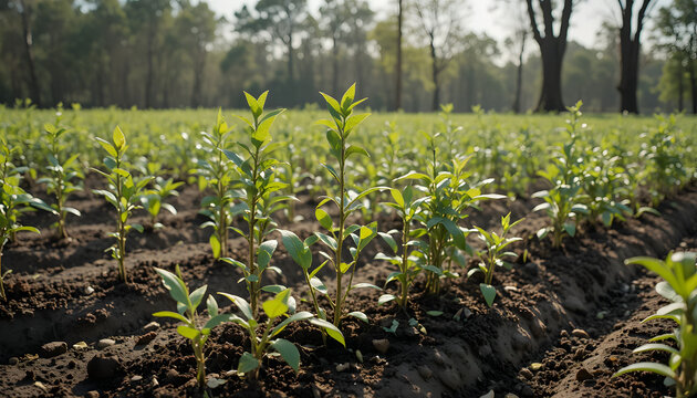 Green corn field in spring under blue sky