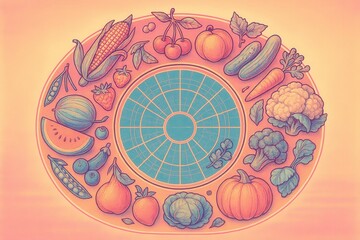 Naklejka premium Diverse Array of Colorful Fruits and Vegetables Encircling a Geometric Centerpiece Promoting Nutritional Balance and Wholesome Dietary Choices