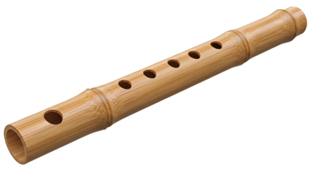 A light brown bamboo flute with finger holes displayed against a black background in a studio shot