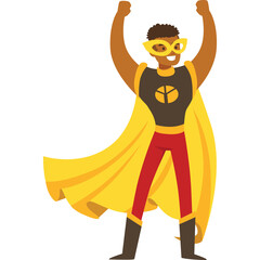 Joyful Man In Yellow Cape And Mask With Arms Raised In Celebration And Triumph Wearing Red Pants And Brown Boots With A Circular Emblem On His Chest