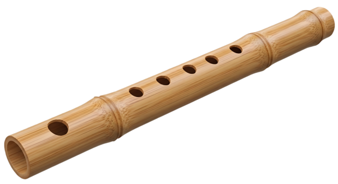 A light brown bamboo flute with finger holes displayed against a black background in a studio shot