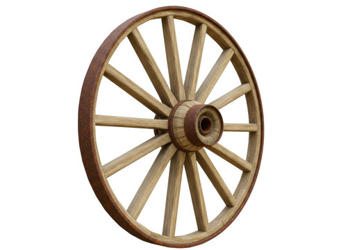 Isolated wood wagon wheel, circular shape and radial design, rustic and vintage western style