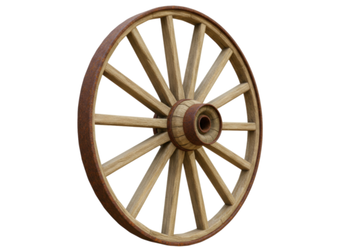 Isolated wood wagon wheel, circular shape and radial design, rustic and vintage western style