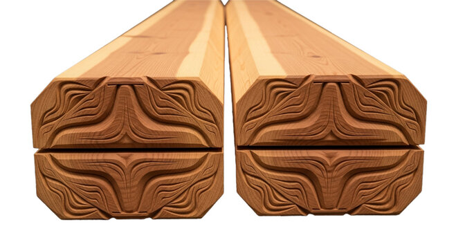 Two carved wooden beams featuring organic relief patterns. on a black background