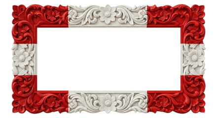 Antique red and white floral carved frame border. cutout on transparent background