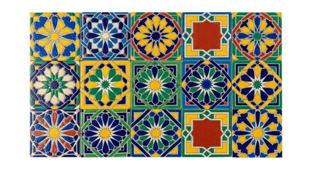 Colorful Moroccan Zellige tiles with geometric patterns. cutout on transparent background