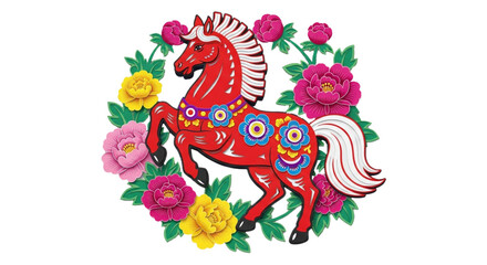 Chinese Red stylized paper-cut horse framed by peonies. cutout on transparent background