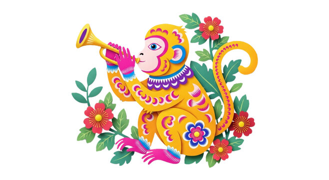 Chinese  Colorful paper monkey playing trumpet with flowers. cutout on transparent background.