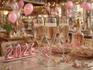 Champagne flutes with balloons and year balloons on a table with decorations for a celebration party