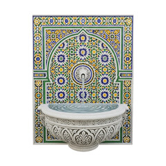 Moroccan mosaic wall fountain with water flow. cutout on transparent background.