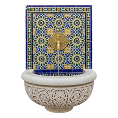 Moroccan fountain with zellige tiles and running water. cutout on transparent background
